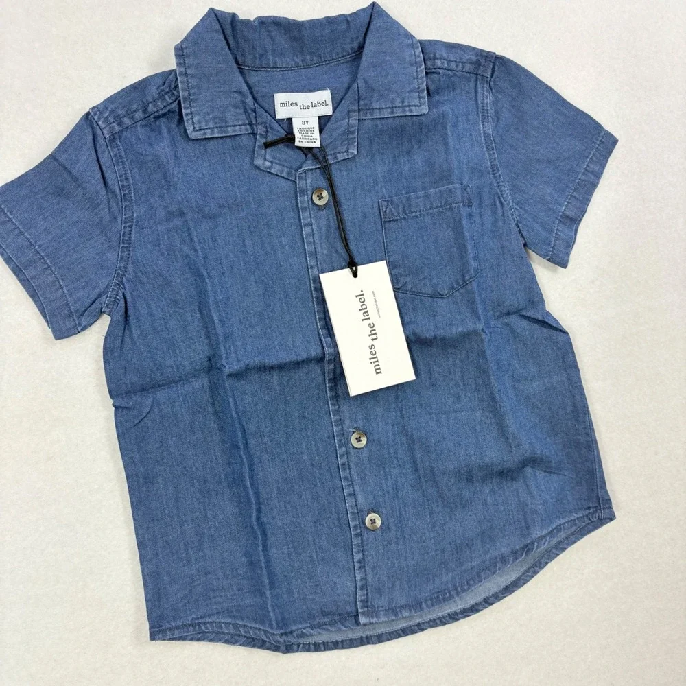 Miles The Label‎ Boys Blue Denim Chambray Short Sleeve Button Up Shirt Sz 3Y NWT